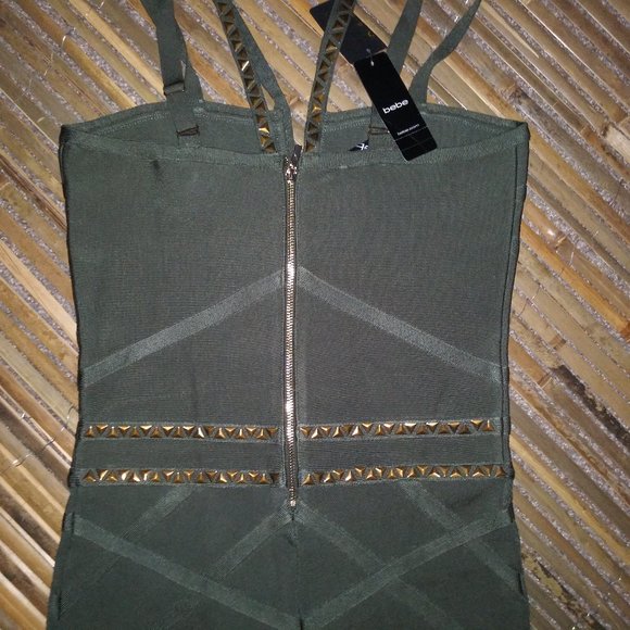 BEBE XS NWT Green Beetle Catsuit Bandage Bodycon Studded Jumpsuit Fetish Punk - Picture 8 of 8